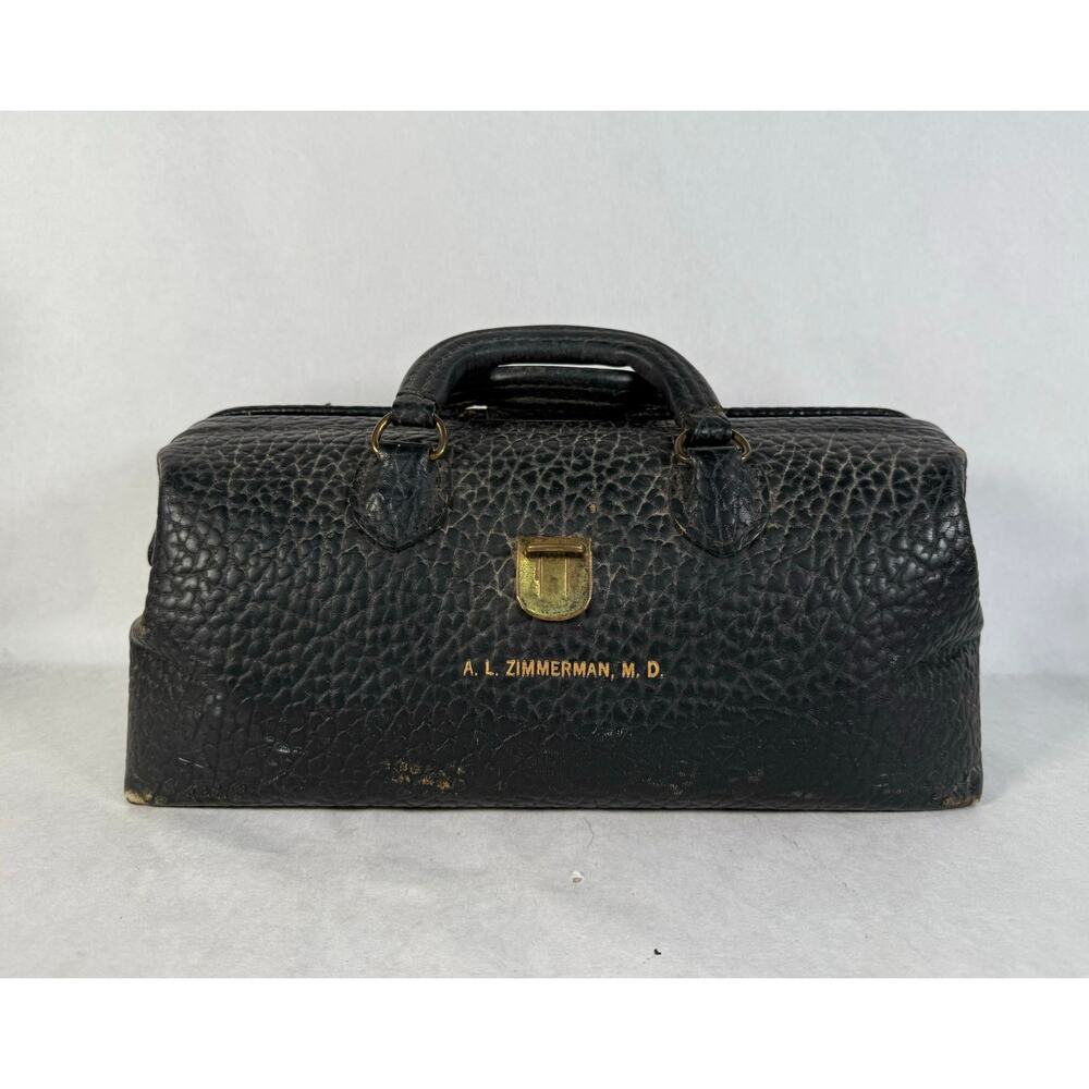 Vintage Lilly Black Pebbled Leather Doctor Bag Medical Travel Bag 13" Monogram